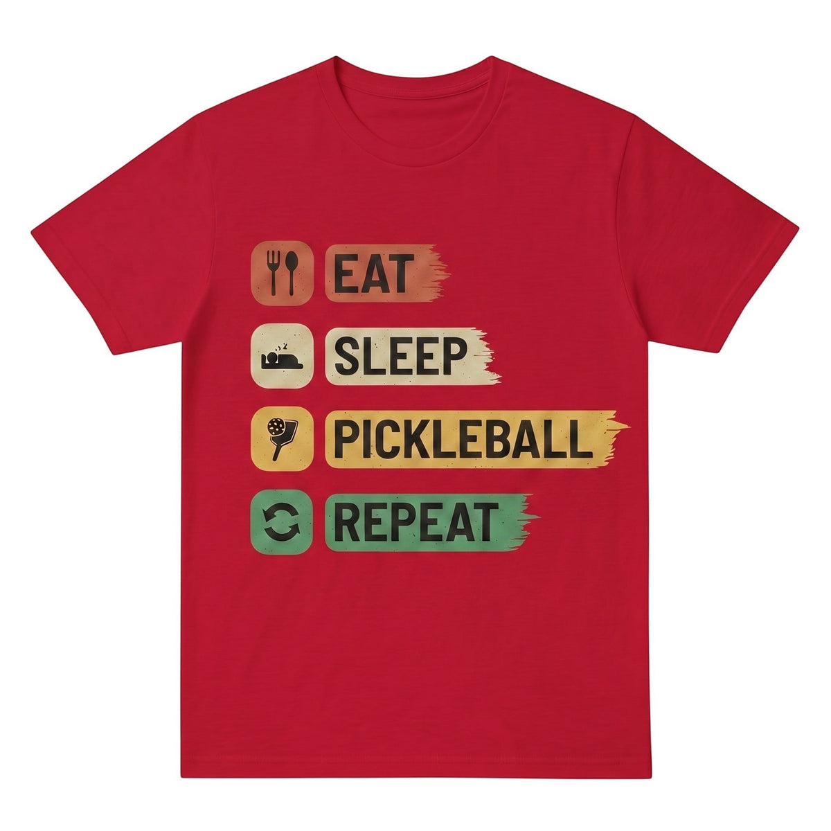  red unisex cotton t-shirt featuring an Eat Sleep Pickleball Repeat graphic print design.