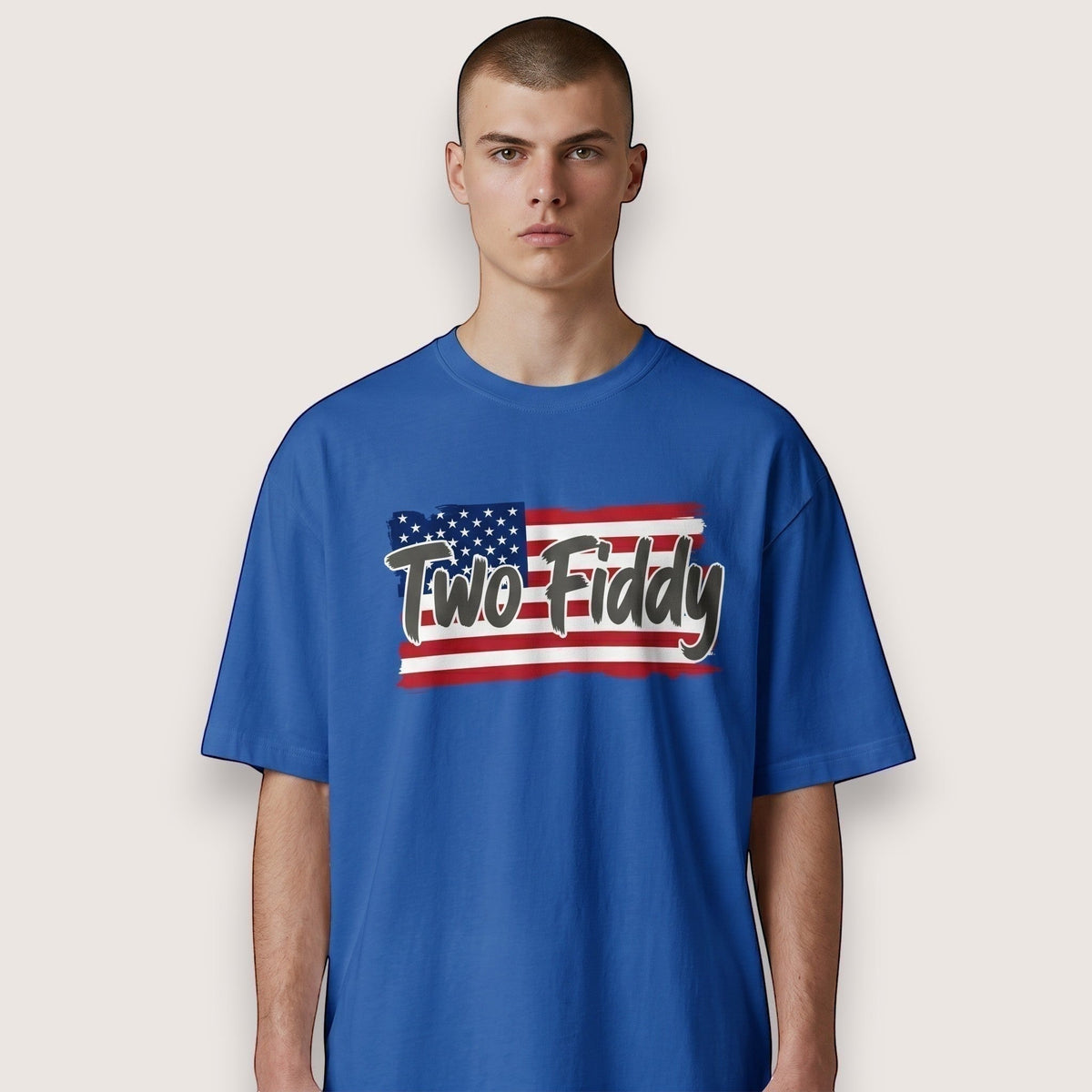  royal blue unisex cotton t-shirt with distressed American flag graphic and Two Fiddy brushstroke text