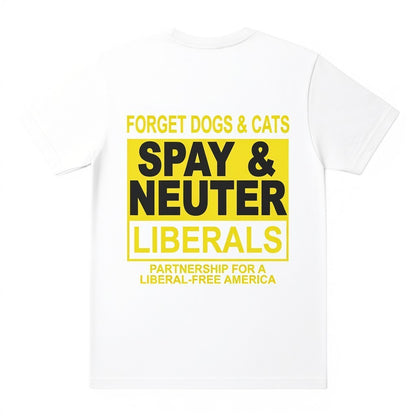  white t-shirt featuring bold yellow and black satirical political text on the back.