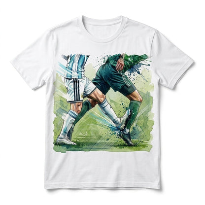  white cotton t-shirt featuring a vibrant watercolor graphic of two soccer players in a duel.