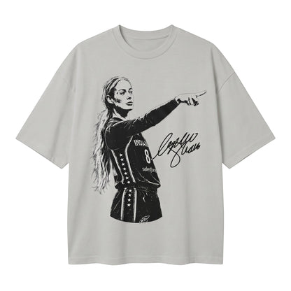  grey oversized cotton t-shirt featuring a black graphic of a basketball player pointing and signature