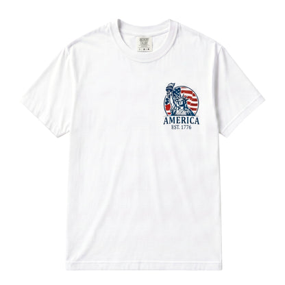  white cotton unisex t-shirt featuring a Statue of Liberty and American flag graphic on the chest.