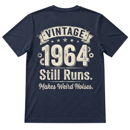  navy blue 100% cotton t-shirt with Vintage 1964 Still Runs Makes Weird Noises graphic print on back