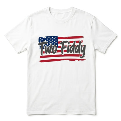  white cotton t-shirt with a distressed American flag graphic and Two Fiddy brushstroke typography.