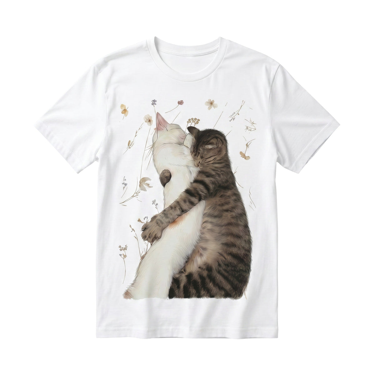  white 100% cotton t-shirt featuring a watercolor illustration of two cats hugging among wildflowers.