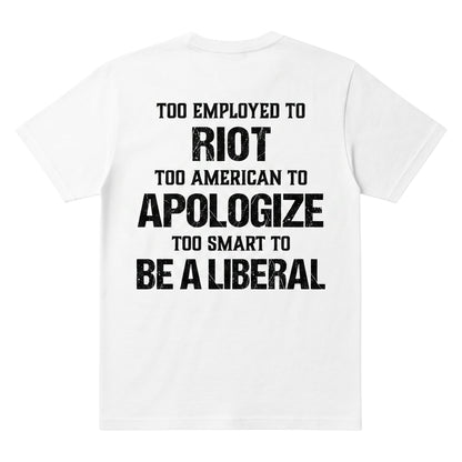  white cotton t-shirt featuring black distressed text print on the back with political slogan