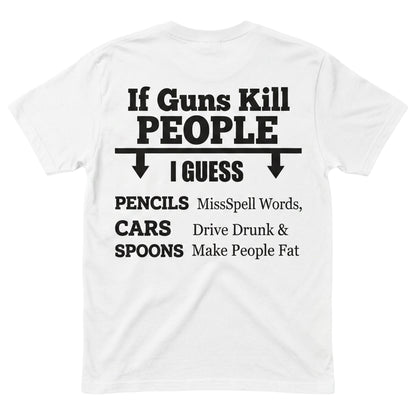  white unisex cotton t-shirt featuring bold black typographic political satire graphic on the back