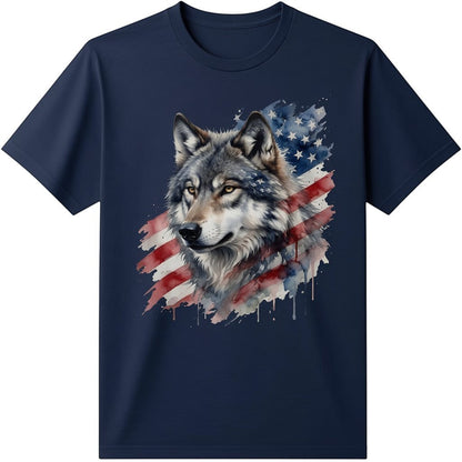  black t-shirt featuring a watercolor wolf graphic merged with an American flag design.