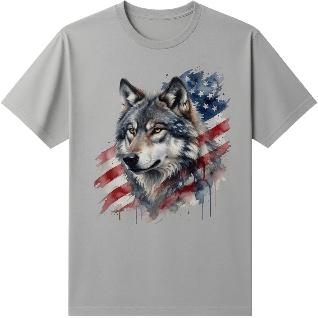  grey t-shirt featuring a watercolor wolf graphic overlaid with an American flag design.
