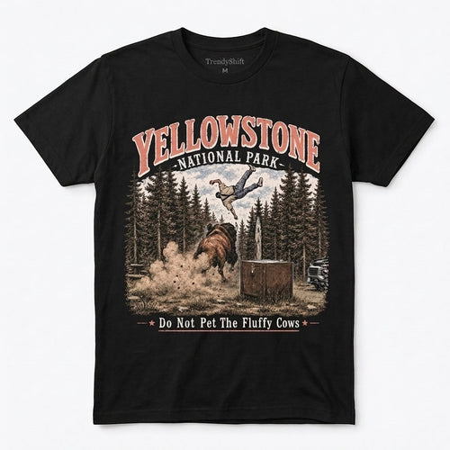  black 100% cotton Yellowstone National Park graphic t-shirt featuring a bison and humorous text.