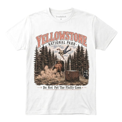  white 100% cotton Yellowstone National Park graphic t-shirt featuring a bison and humorous design.