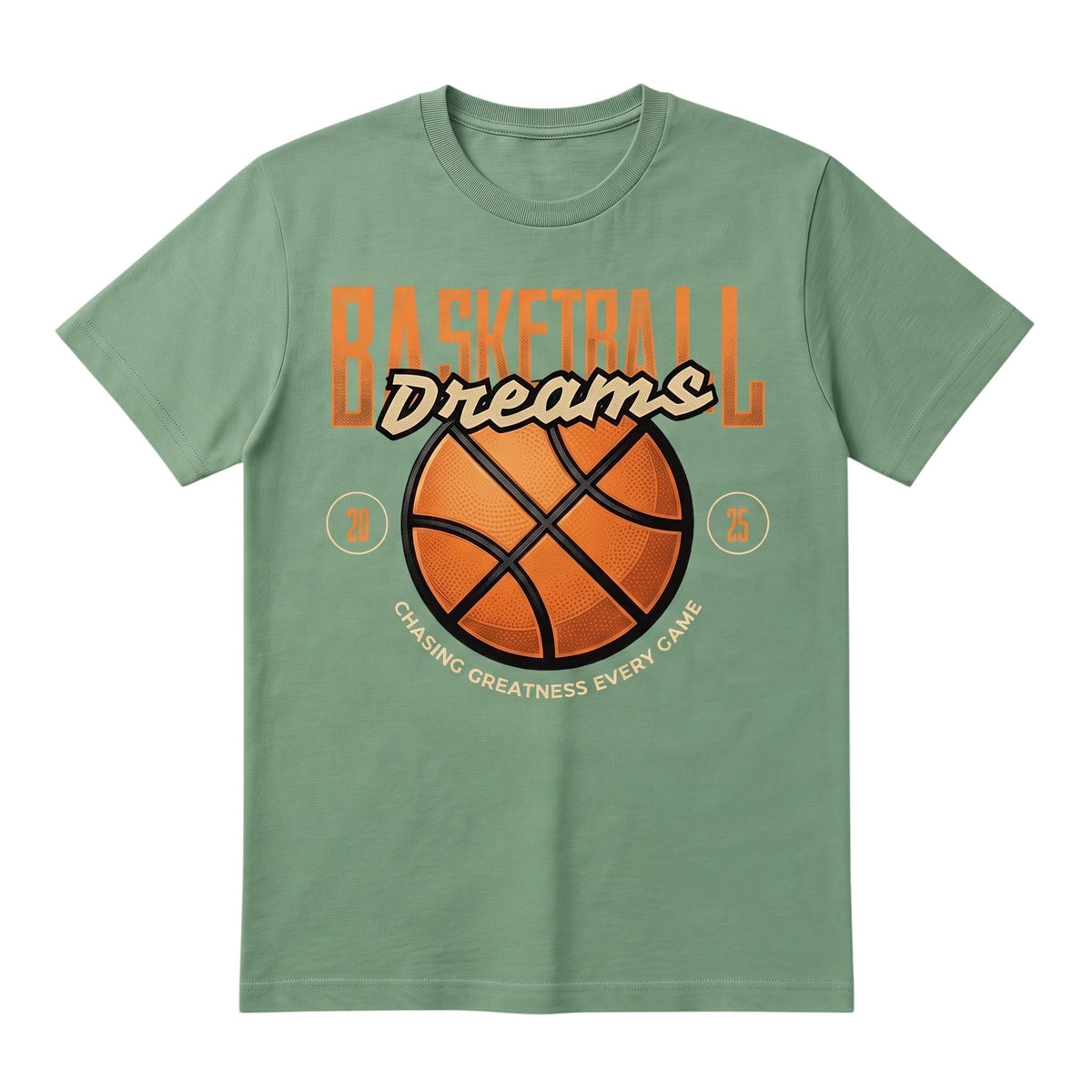  sage green cotton t-shirt with a basketball graphic and Chasing Greatness Every Game text