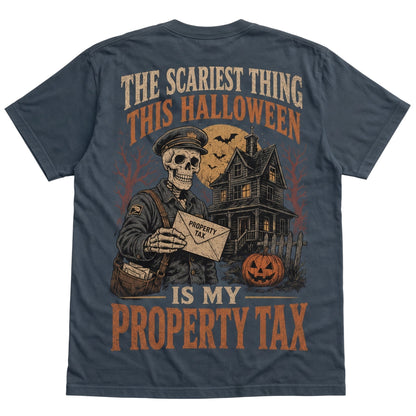  charcoal grey 100% cotton Halloween t-shirt featuring a skeleton mailman and haunted house graphic.